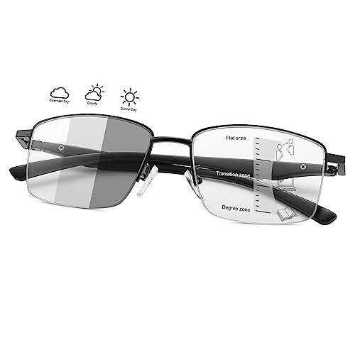 YIMI Photochromic Progressive Multifocus Reading Glasses Spring Hinge Sun Readers Computer Anti Glare Glasses for Men Women (Black, 2.0, x)