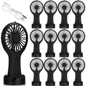 Woanger 12 Pcs Mini Handheld Fan Bulk 3 Speed USB Electric Battery Operated Small Portable Pocket Fan with Data Cable and Mounting Base Quiet Summer Gift for Wedding Camping Travel(Black)