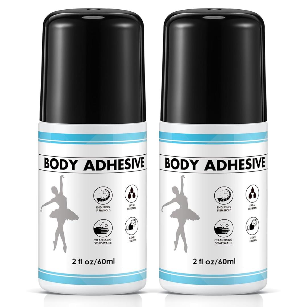 2 Pcs Roll On Body Adhesive for Dancers, 2oz Sweat Resistant Body Glue for Oily and Dry Skin, Clear & Non Toxic Liquid Tape Butt Adhesive for Compression Stocking, Wig Glue, Residue Free