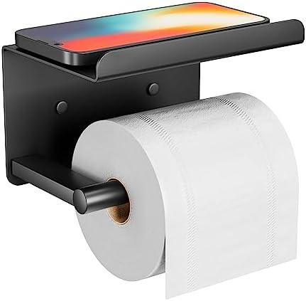 Adhesive Toilet Paper Holder with Phone Shelf, Wall Mounted Toilet Paper Roll Holder, Rustproof Bathroom Tissue Roll Holder with Shelf, Sticky Toilet Paper Roll Holder- Matte Black… 2 Pack