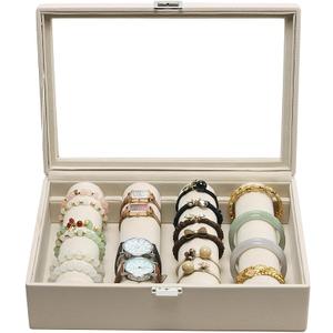 XHMQYC Bracelets Organizer Rods Bangles Display Holder, Clear See through Lid Leather Velvet Jewelry Storage Box Case for Women, 4 Rods Apricot Leather
