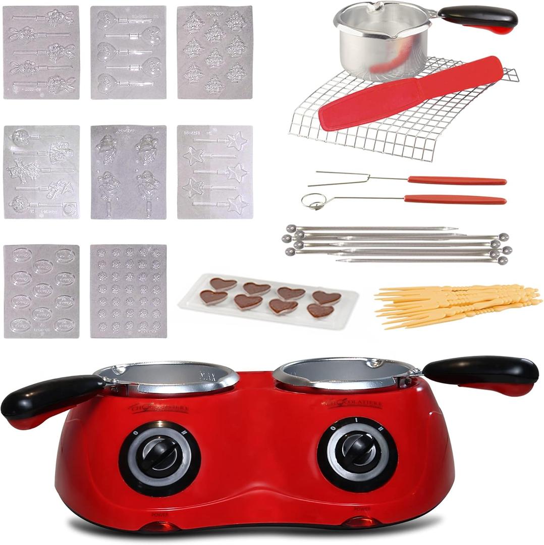 Total Chef Double Pot Chocolate Melter - Electric Candy Melting Hot Fondue Pot With 100+ Accessories, Serving 2 cup Dark & White Melted Chocolate For Dipping Party Desserts, 17.6 oz (500 g) Capacity