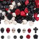 SUNNYCLUE 203Pcs Halloween Skull Beads Skeleton Charms Bulk Natural Lava Rock Synthetic Turquoise Black Stone Cross Flower Rose Spacer Beads for Jewelry Making Bracelets Necklaces DIY Crafts