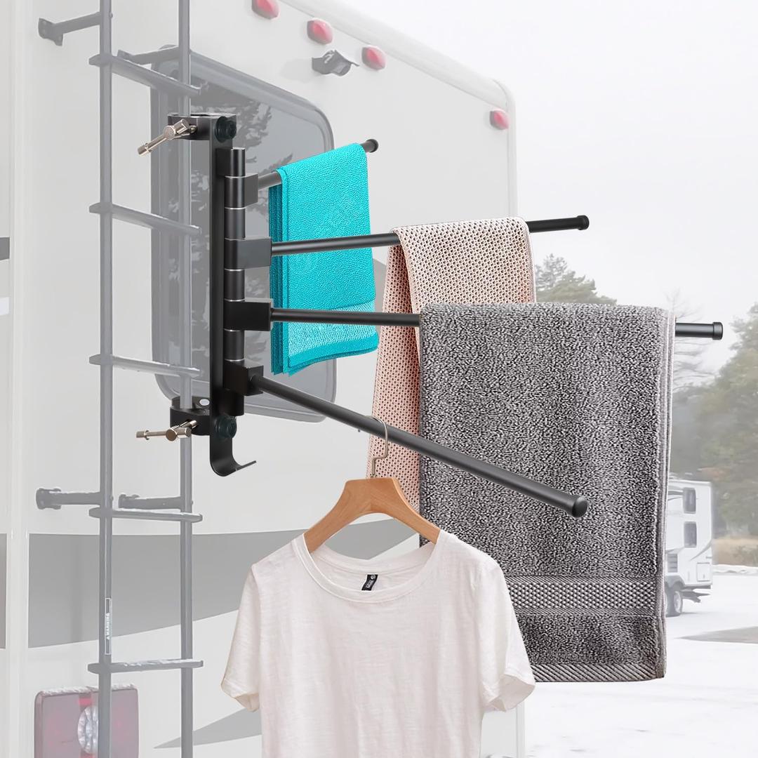RV Clothes Drying Rack, Four 15.3" Long Rack Arms, Aluminum, 304 Stainless Steel Accessories, No Drilling Anti-Rust for Ladder, Boats, RV, Camper, Trailer, Travel, Hotel, Home