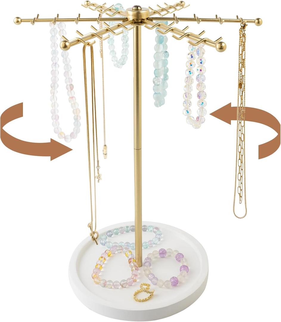 Framendino, Rotating Necklace Holder Jewelry Stand Gold Necklace Display Stand Metal Jewelry Organizer with 48 Hooks Gift for Women
