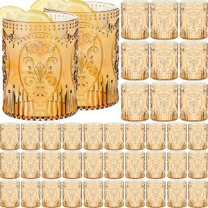 48 Plastic Vintage Drinking Glasses 8.5oz Stemless Retro Embossed Wine Glasses Shatterproof Reusable Cups for Baby Shower Wedding Reception Grand Event Party (Yellow)