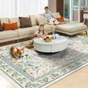 Washable Floral Area Rug 5'7' Beige Green Pink Boho Large Living Room Rug Non-Slip Soft Colorful Oriental Vintage Bedroom Carpet Dining Room Nursery Home Office Indoor Decor