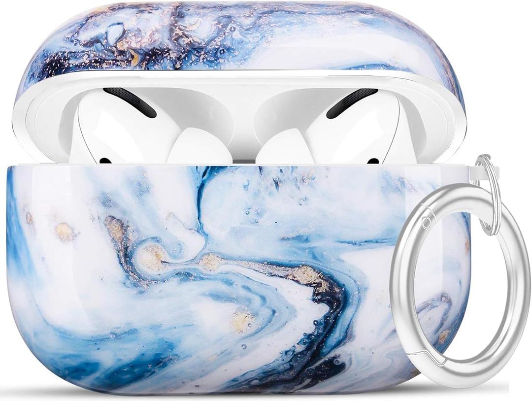 Airpods Pro Case - YOMPLOW Marble Protective Hard Case Cover Skin Portable & Shockproof Women Girls with Keychain for Apple Airpods Pro Charging Case - Blue Marble