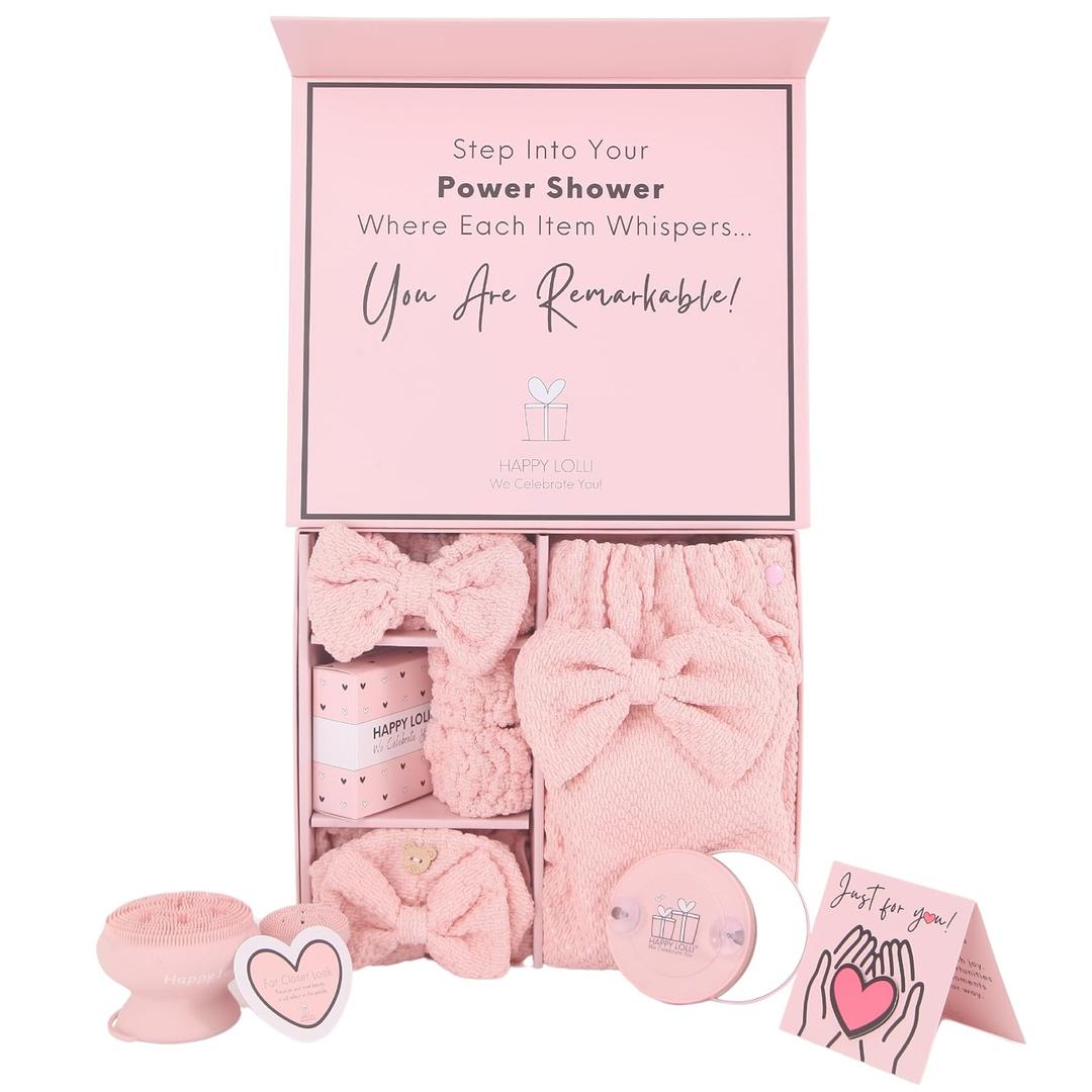 Happy Lolli Power Shower Gift Set: Luxury Bath Accessories Basket for Women & Teen Girls  Includes Body & Hair Towel, Wrist Bands, Headband, Face Sponge & More  Empower Your Routine (Fresh in Pink)