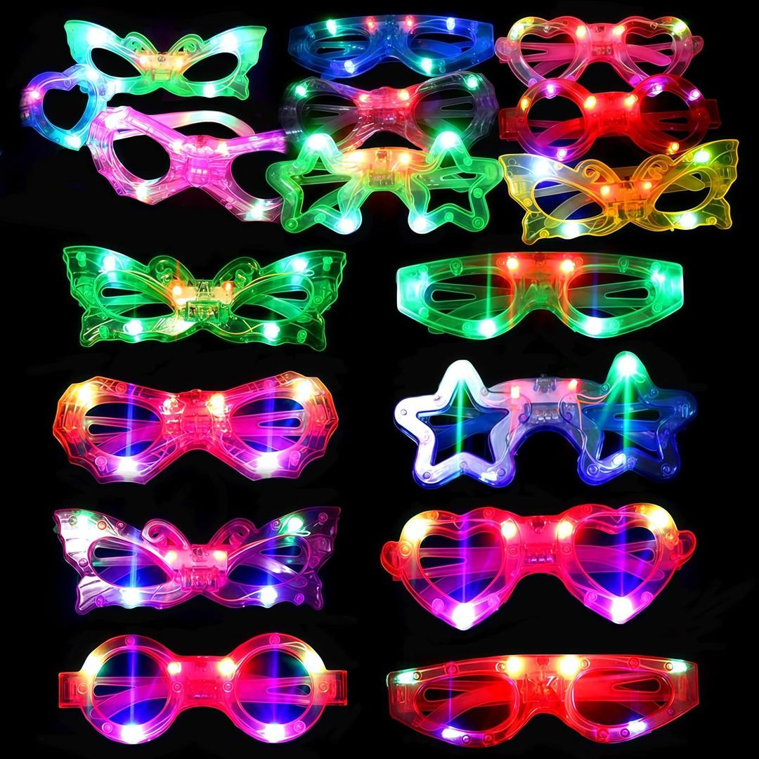 24 Packs LED Glasses for kids Glow in the dark Party Supplies Favor,6 LED 6 Shapes Glasses Flashing Plastic Light up Glass Toys Bulk 3 Replaceable Battery fit New Year Eve Party Supplies 2026
