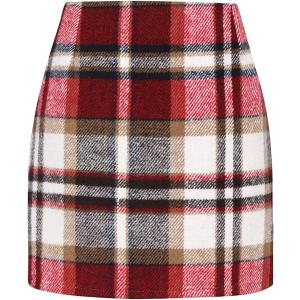 Women Mini Skirt Plaid Wool Skirt Spring High Waist Bodycon Pencil Short Skirts Tartan Skirt (Large, Red 01)