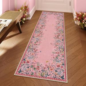 Lahome Boho Floral 2x6 Pink Bathroom Runner Rugs Non Slip Washable,Soft Runners for Hallways,Indoor Carpet Runner with Rubber Backing for Bedside Entryway Kitchen Laundry(Pink,2x6)
