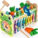 6-IN-1 Wooden Montessori Toys for 1 Year Old, Mole-Tapping Game | Play the Xylophone | Frog Clock | Carrot Harvest Game | Spinning Gear, Toddler Toys Aged 1-4, Baby Toy Gift for Early Learning (Green)