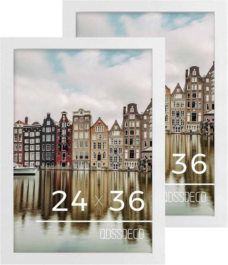 QDSSDECO 24x36 Poster Frame White Wood Frame with Plexiglass Horizontal and Vertical Formats Hanging on the Wall Display Picture, Set of 2, 24"x36"2pk