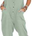 Yeokou Womens Overalls Linen Cotton Jumpsuits Loose Casual Jumpers with Pockets (Blue, L)