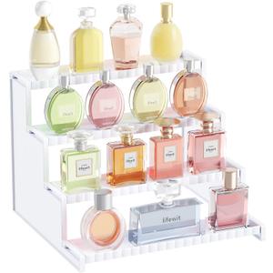 Lifewit 4 Tier White Display Riser Stand with Decorative Secure Fences, Tool-free Assembly, Plastic 12 Inch Perfume Organizer, Display for Figures, Cupcake, Dessert, 1-pack