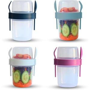 salda 4 Pack 22 oz Breakfast On the Go Cups, Take and Go Yogurt Cup with Topping Cereal Cup with spoon and fork, Overnight Oats or Oatmeal Container Jar, Colorful Set of 4