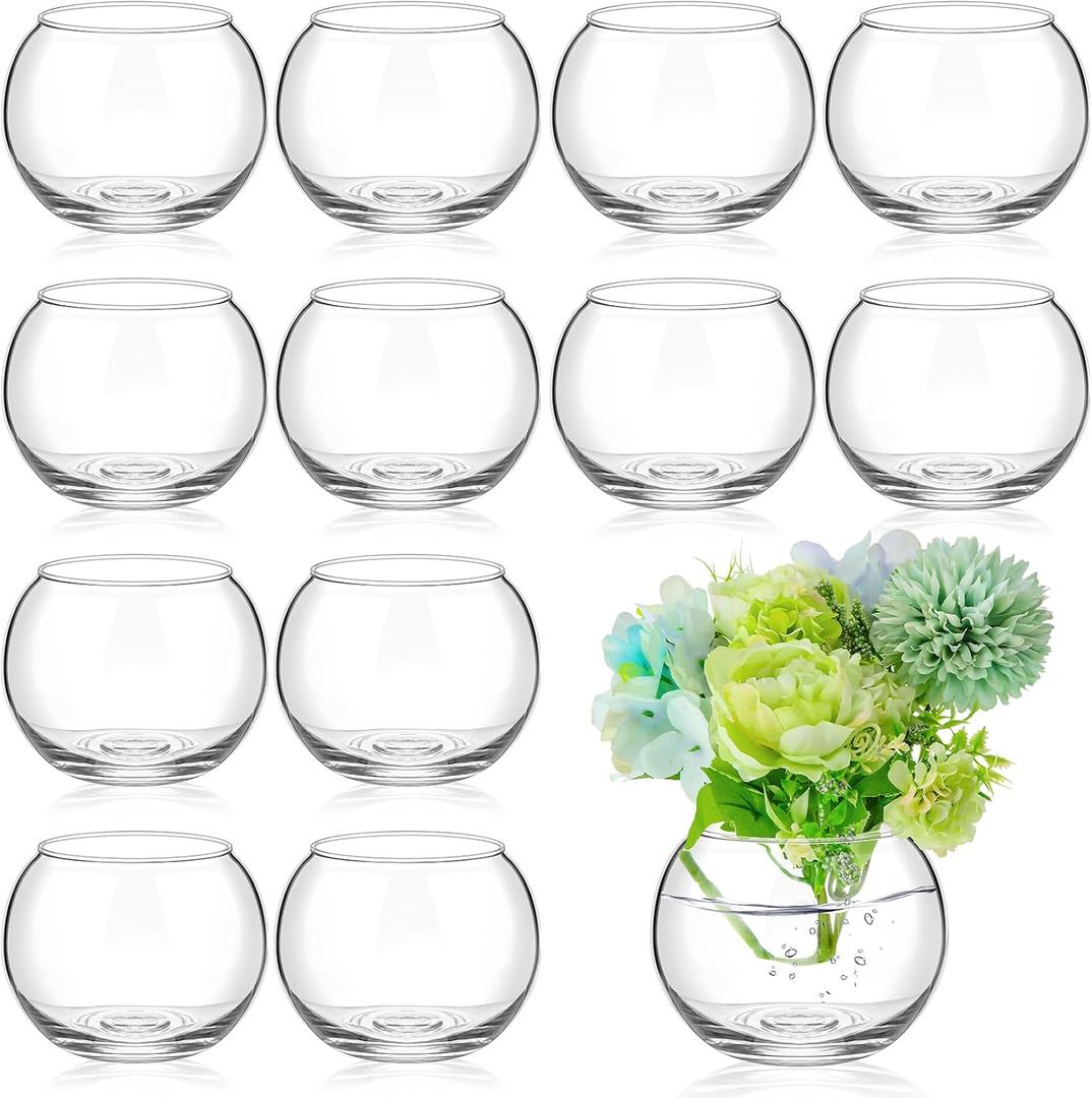 12 Pcs Glass Bubble Bowl Vase Bulk, Clear Round Glass Centerpiece Bowls for Valentine's Wedding Table Decor, Fish Flower Bud Vase Terrarium for Event Party DIY (3.5" h X 3.94" w)