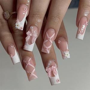Square Press on Nails Medium Long Nude French Tips White Fake Nails with 3D Flower Pearls Design Cute Gel Glue on Nails for Women Girls Acrylic False Stick on Nail Manicure for Wedding 24Pcs