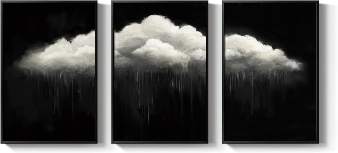 Large Framed Dark Moody Wall Art for Living Room, 3 Piece Academia Goth Canvas Prints Artwork for Walls, Black and White Rainy Cloud Surreal Pictures for Bedroom Wall Decor - Total Size 30x60 Inch
