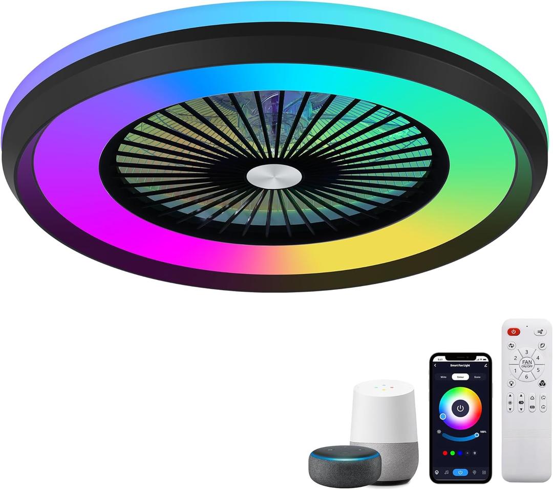 24" Bladeless Modern Ceiling Fan with RGB Light, Voice/App Control, 6 Speeds, Multicolor, 48W, 35dB