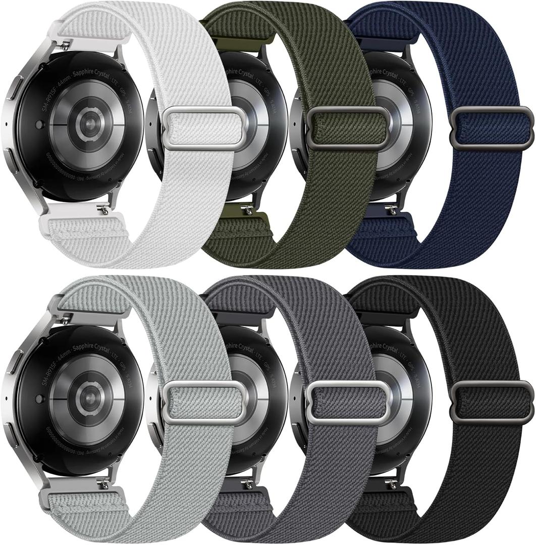 6 Pack Stretchy Bands Compatible with Samsung Galaxy Watch 7 6 5 4 40mm 44mm/Galaxy Watch 6 4 Classic 42mm 46mm 43mm 47mm/Galaxy 5 Pro 45mm/Active 2, 20mm Elastic Nylon Sport Strap for Men Women (MidnightBlue/StoneGrey/Black/OliveGreen/Grey/White)