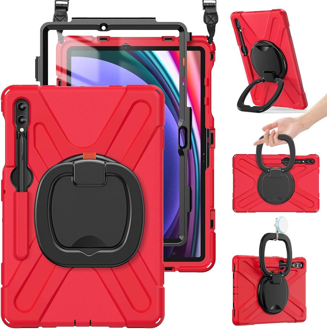 BRAECN Case for Samsung Galaxy Tab S10+/S9 FE+/S9+ 12.4 2024 SM-X820/X610/X810, Shockproof Silicone Case with Screen Protector/S Pen Holder/Shoulder Strap/Kickstand for Galaxy Tab S8+/S7 FE/S7+,Red