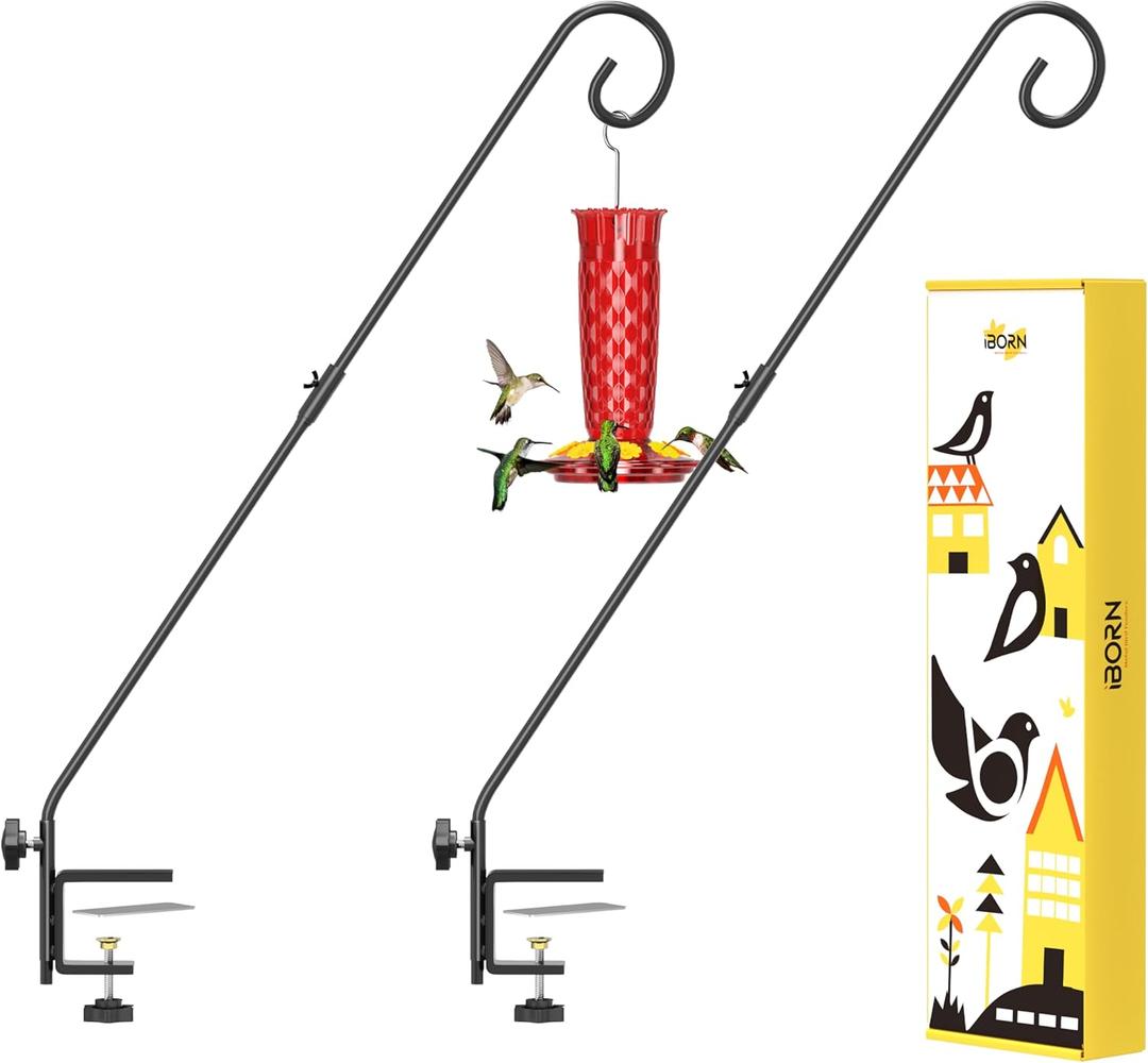 iBorn Deck Hook for Bird Feeder, Hummingbird Feeder Hanger for Deck Railing, Heavy Duty Deck Hanger for Outdoors Hanging, 360 Rotatable Arm, Solid Wire, 28 Inch, Pack of 2