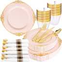 Nervure 175PCS Pink Plastic Plates - Disposable Pink Gold Party Plates & Pre Rolled Napkins with Cutlery for 25 Guests, 50Plates, 75Silverware, 25Cups, 25Napkin for Wedding & Party