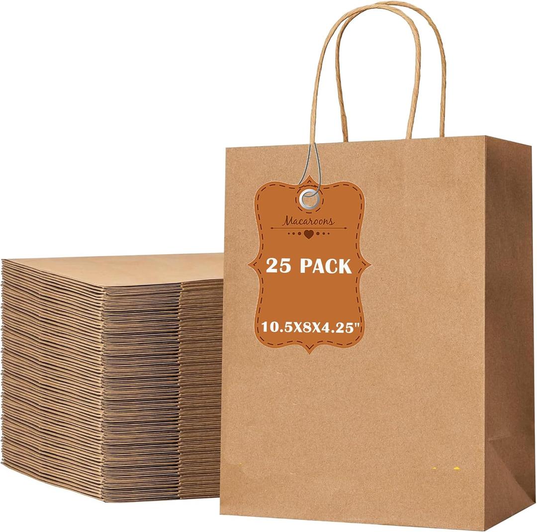 EwayEcos 25 Pack 10.5x8x4.25 Inch Brown Kraft Paper Bags with Handles Bulk for Wedding Birthday Party Favors Grocery Retail Shopping Business Goody Craft Gift Bags Sacks