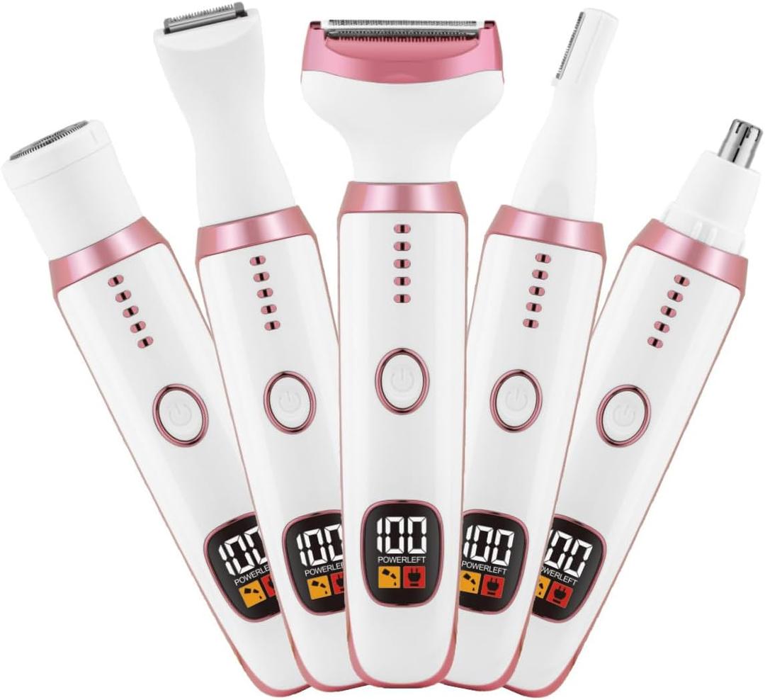 Electric Razors for Women, Bikini Trimmer for Women 5 in 1 Body Shaver for Nose Hair Face Eyebrow Arms Legs Armpit Underarm Pubic Area, Replaceable Lady Facial Razor Painless USB Charge Female Gift