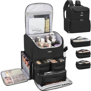 Relavel Makeup Backpack Large Makeup Bag with 3 Clear Set Bags, Dual Layer Professional Cosmetic Organizer Travel Train Case Makeup Artist Kit with Adjustable Dividers & Easy to Clean Lining, Black