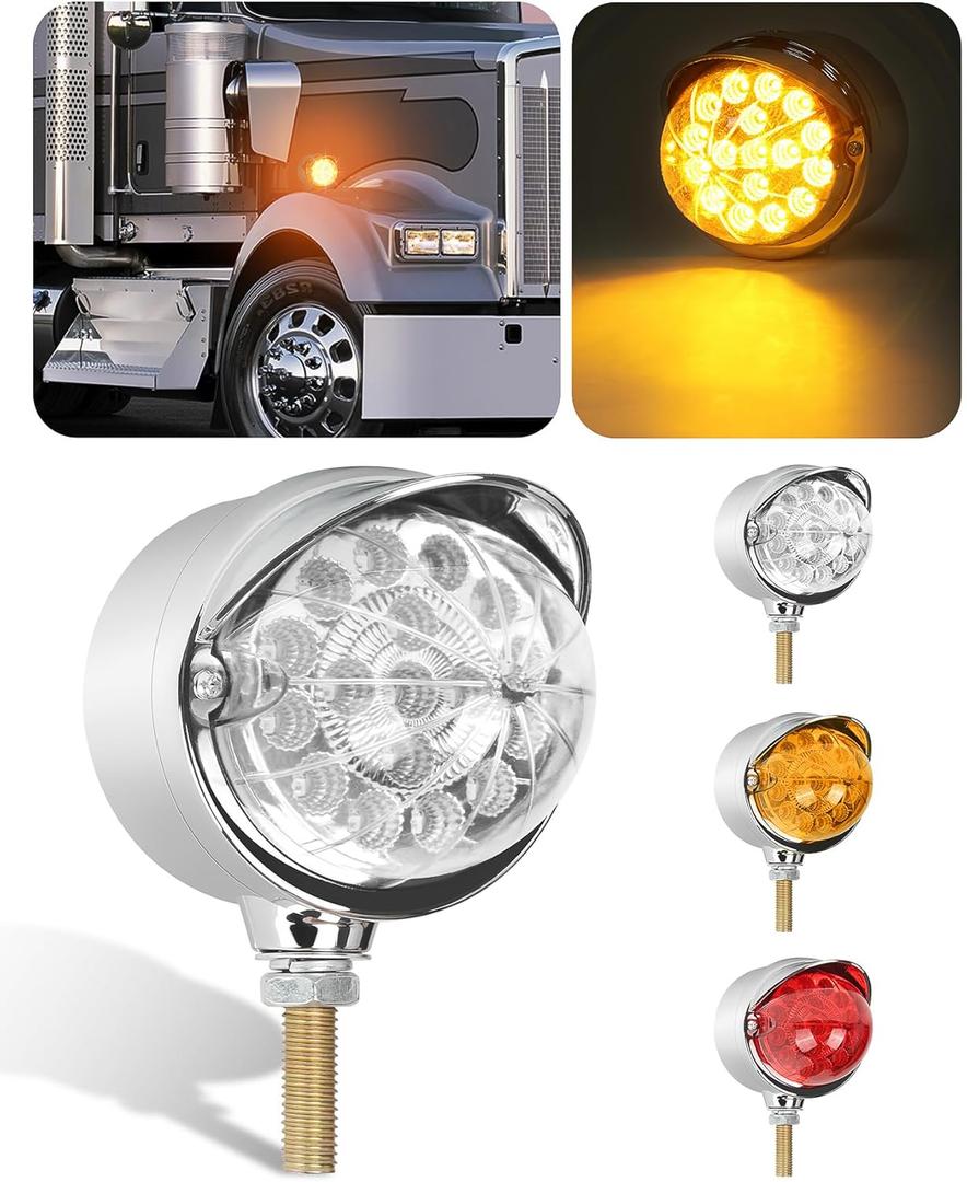 Amber Single Face 17 LED Watermelon Turn Signal Pedestal Lights w/Visor, Semi Truck Chrome Auxiliary Waterproof Reflector LED Lights for Freightliner Peterbilt Kenworth Mack Western Star