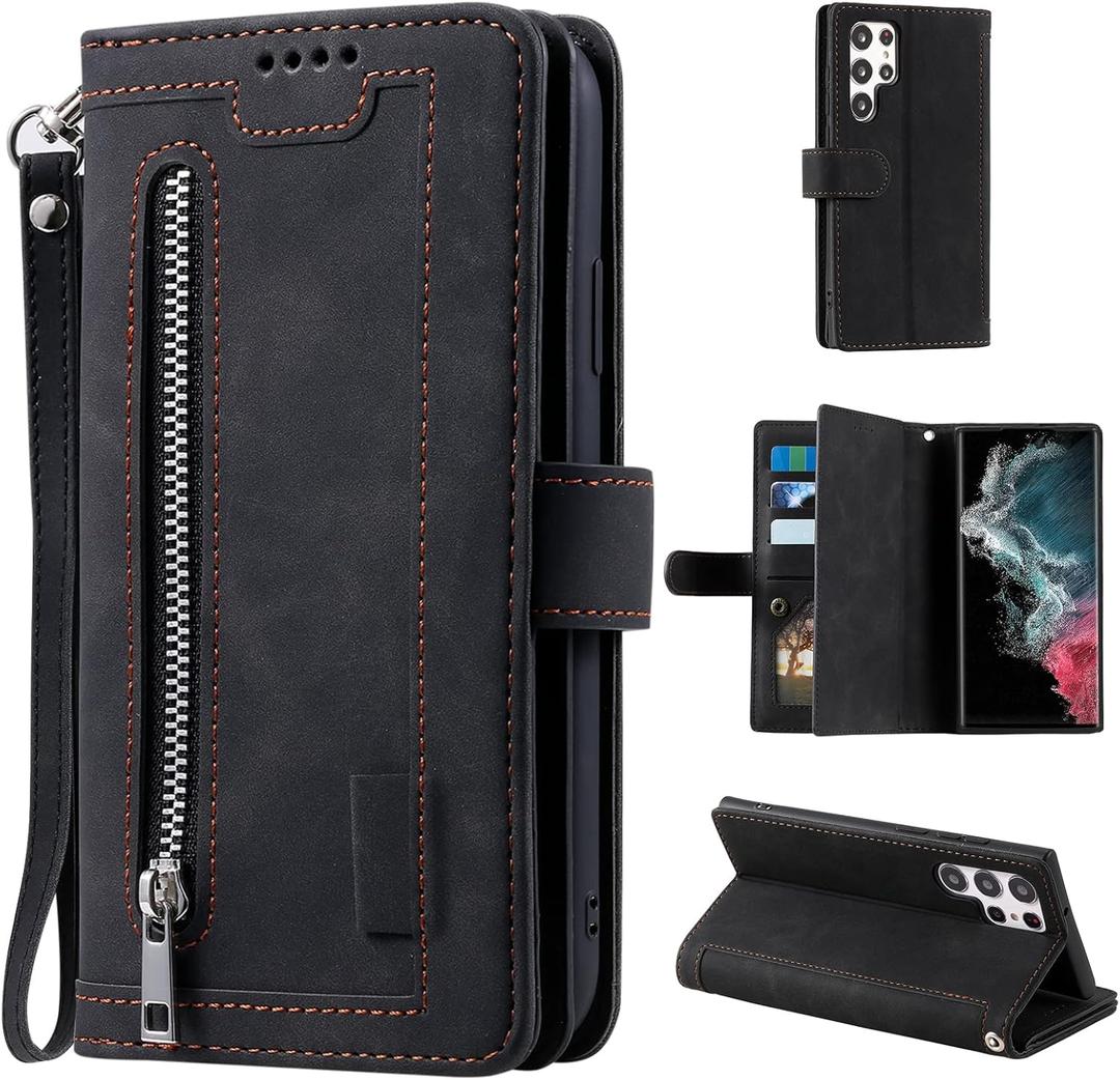 UEEBAI Wallet Case for Samsung Galaxy S23 Ultra, 9 Card Holder Slots Zipper Pocket Handbag Case Magnetic Closure Kickstand with Wrist Strap TPU Shockproof Flip Case - Black