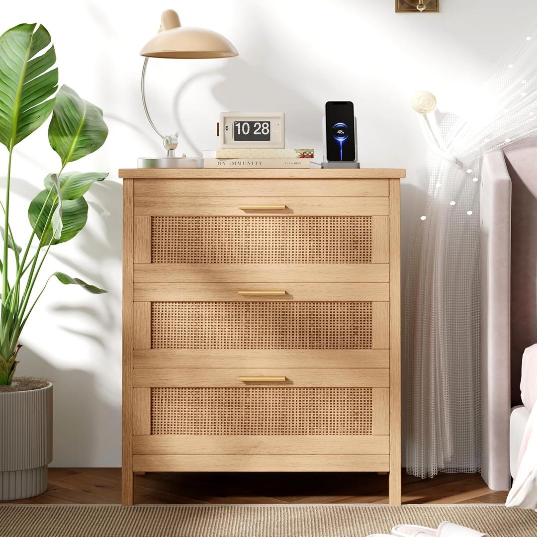 Keehusux Rattan Nightstand with Charging Station, 23.6" Wide Bedside Table with 3 Drawers, Boho Night Stand with Metal Handles, Accent End Table for Bedroom, Guest Room, Natural