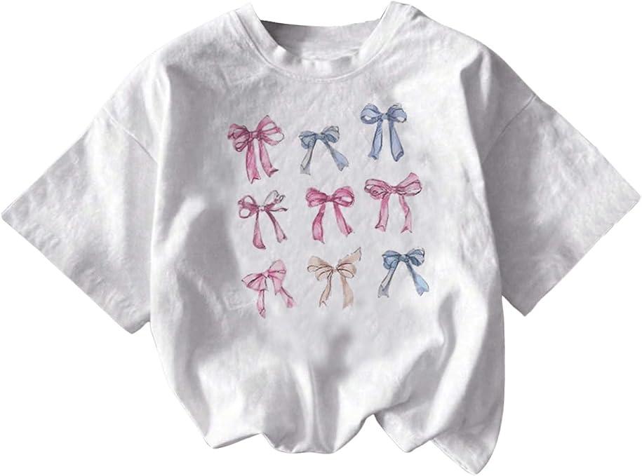 RoseSeek Girl's Graphic Tees Short Sleeve Bow Print Tee Tops Crew Neck Drop Shoulder Casual Summer T Shirts White, Size: 9Y