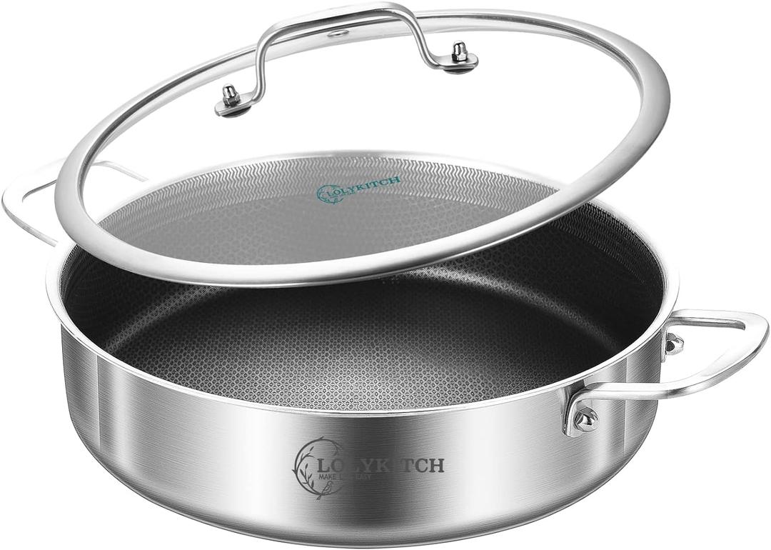 LOLYKITCH Tri-Ply Stainless Steel 10 Inch Non-Stick Saut Pan with Lid,Induction Deep Cooking Pan, Dishwasher and Oven Safe (3 QT Hybrid Saut)