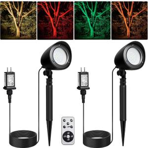 SURAIELEC Christmas Spotlight Outdoor, Remote Control LED Spotlights with Timer, Plug in Yard Spotlight for Trees, Garden Holiday Decor, Red Green Yellow Warm Glow, Waterproof, 10FT Cord, 2 Pack