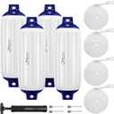 Boat Fenders 4 Pack 8.5 x 27 Inches Ribbed Twin Eyes Boat Fenders Bumpers for Docking, Comes with Ropes and Pump to Inflate (Santorini Blue&White)