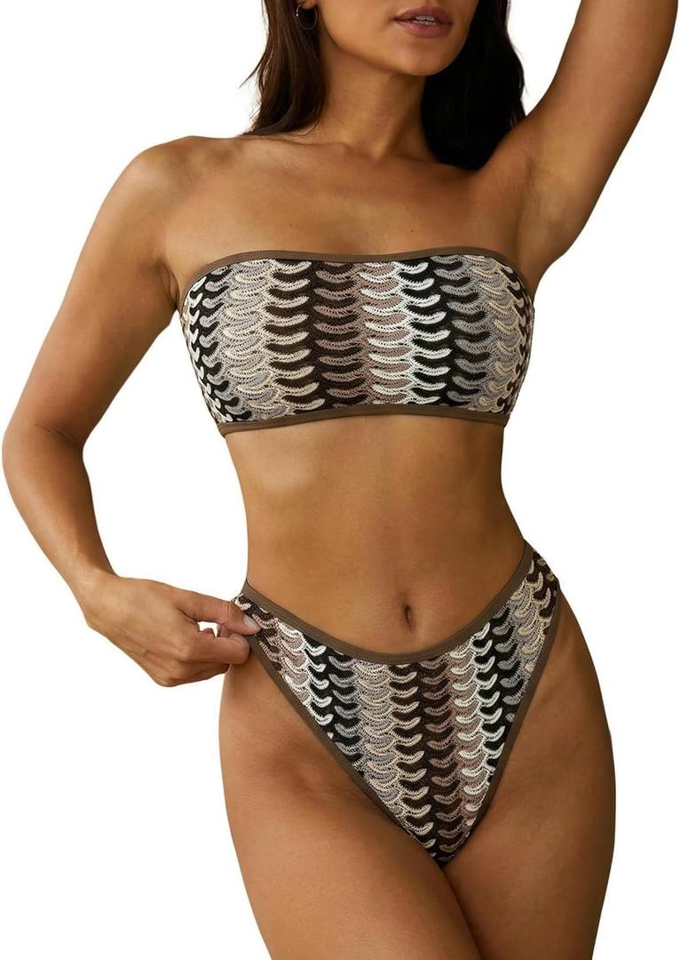 ZAFUL Women Strapless Textured Bandeau Bikini 2 Piece Swimwear Cheeky Solid Lace up Bathing Suits (M)