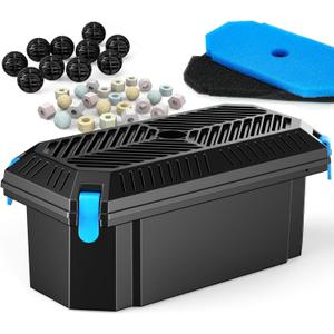 POPOSOAP Pond Filter for Outdoor Ponds, Filter Box with 2 Filter Pads and 20 Bio-Balls for Outdoor Pond Pump Submersible Fountain Pump