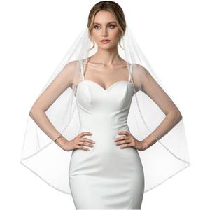 1 Tier Crystal Pearl Beaded Edge Bridal Wedding Veil Fingertip Length (White) 40"*63"