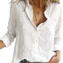 Astylish Womens V Neck Roll up Sleeve Button Down Blouses Tops (White, M)
