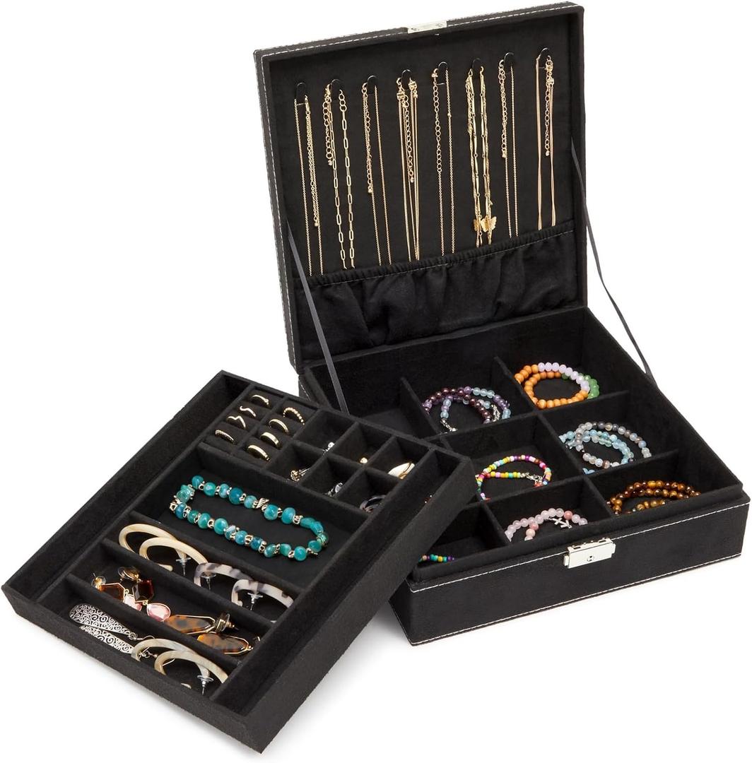 Juvale Velvet Jewelry Box Organizer - Lockable 2 Layer Travel Case, Earrings Storage with Removable Tray for Women, Men (Black)