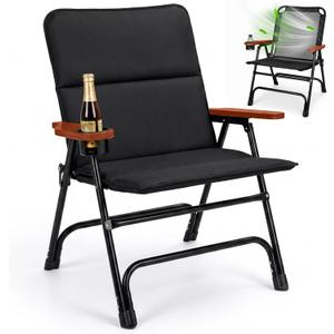 Padded Oversized Folding Camping Chair for Adults, Removable Cotton Pad Lawn Chair with Wooden Hard Armrests and Cup Holders, Portable Collapsible Quad Chair for Outside, Support up to 400lbs, Black