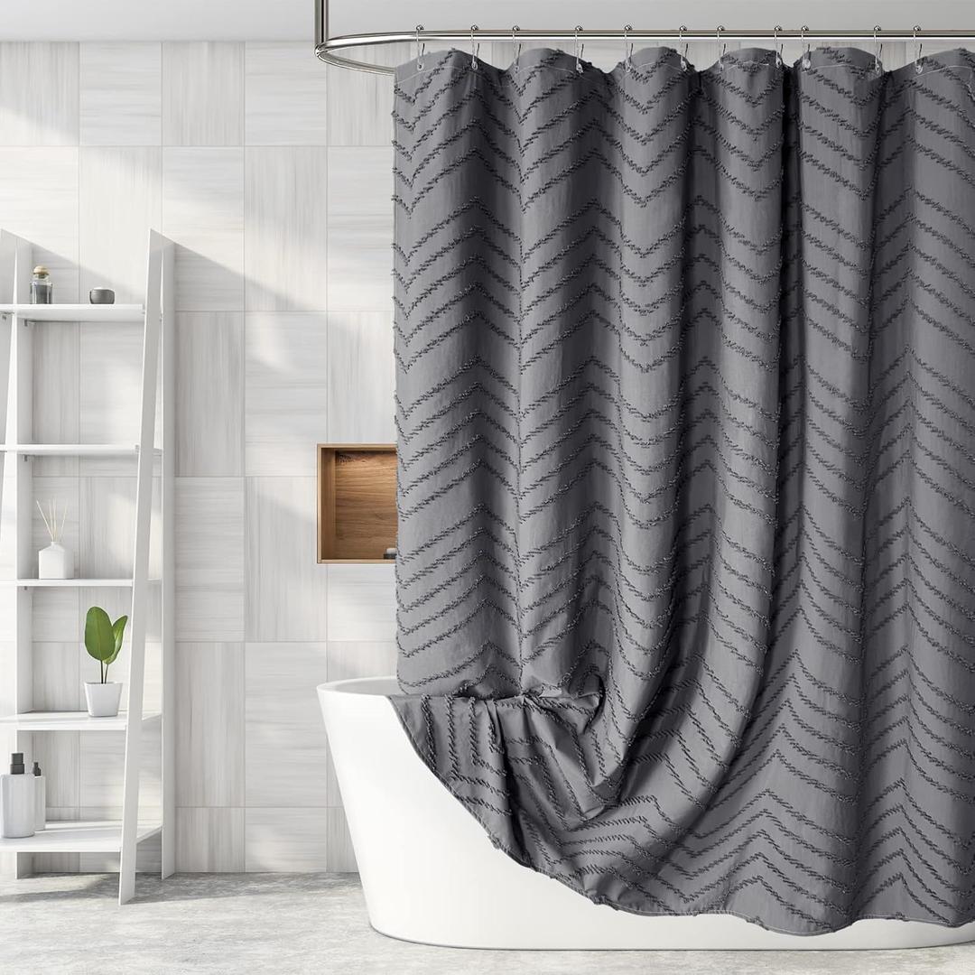 Boho Gray Shower Curtain Tufted Chevron Striped Shabby Chic Textured Cloth Shower Curtains for Bathroom, Modern Farmhouse Waterproof Shower Curtain, 72x72 (Grey)