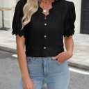 Women Lace Tops Summer V Neck Dressy Casual Button Down Blouses Ruffle Short Sleeve Business Work Shirts (Black, M)