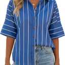Cicy Bell Women Striped Button Down Shirt Short Sleeve Collared Blouse Tops (M)
