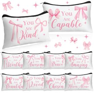 Hillban 10 Pcs Christmas Makeup Bags Gifts for Women Bulk Xmas Cosmetic Bags Inspirational Christian Bible Verse Cosmetic Pouch Christmas Religious Church Travel Canvas Pouch(Bow,Pink)