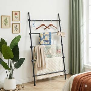 Blanket Ladder Black Expandable Width (17.3-32.3 inch) 5.4 Ft Tall 5 Rungs Metal Quilt Holder Rack Wall Leaning Strong Load Capacity, Modern Farmhouse Decor Easy Assembly for Living Room,Bedroom